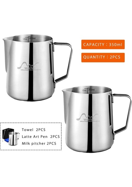 350 ml ve 350 ml Süt Sürahi Frothering Fincan Paslanmaz Çelik Gümüş Kahve Çelenk Iğne Havlu Temizleme Aracı Seti Barista Craft Latte Cappuccino (Yurt Dışından)