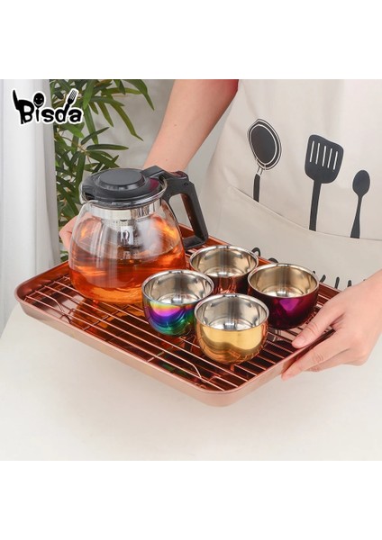 Gökkuşağı No.0 4 Adet 4/8 Adet Çay Bardağı Paslanmaz Çelik Çay Bardağı Setleri Tepsi ve Çıkarılabilir Tutucu ile Altın Kupa Çift Katmanlı Anti-Haşlanma Bardak Teaware (Yurt Dışından)