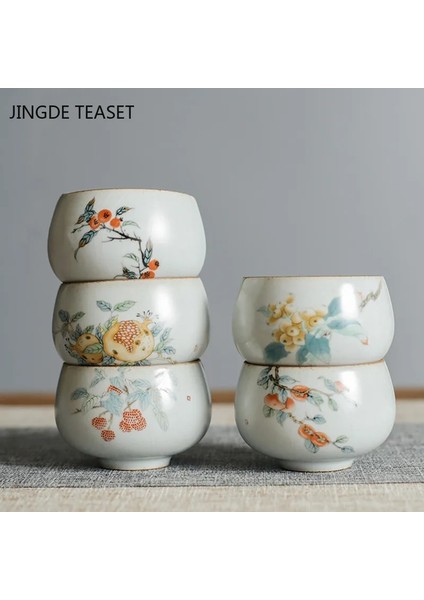 B6-- 7.5x5.5cm 90ML 4 Adet 4 Adet/grup Japon Ru Fırın Seramik Çay Fincanı Kahve Fincanı El Boyalı Çiçekler Çay Kasesi El Yapımı Çay Seti Aksesuarları Ana Çay Fincanı (Yurt Dışından)