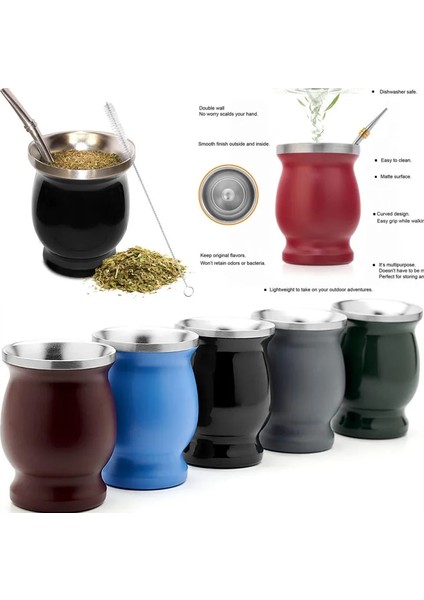 Düz Pipet Seti 1pc Yerba Mate Kupası 304 Paslanmaz Çelik 8oz Bombillalı Arjantin Yerba Mate Su Kabağı Hazırlanması ve Temizlenmesi Kolay (Yurt Dışından)