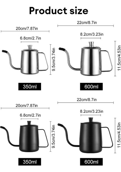 600 ml Gümüş Paslanmaz Çelik Cezve Uzun Dar Borulu Damlama Su Isıtıcısı Manuel Kahve Makinesi Çaydanlık Üzerine Dökün 350 ML/600 ml Kapaklı (Yurt Dışından) indirimleri