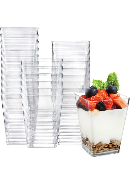 Trapez Fincan 50 Adet Tek Kullanımlık Plastik Kapaklı Tatlı Bardağı (Yurt Dışından)