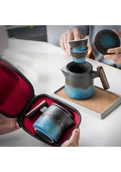 Üç Parçalı Set Seramik Mavi Çay Seti Seyahat Çay Töreni Seti Taşınabilir Çay Fincanı Kamp Kung Fu Çay Yapma Setleri Japon Açık Çaydanlık Hediye Seti (Yurt Dışından) fırsatları