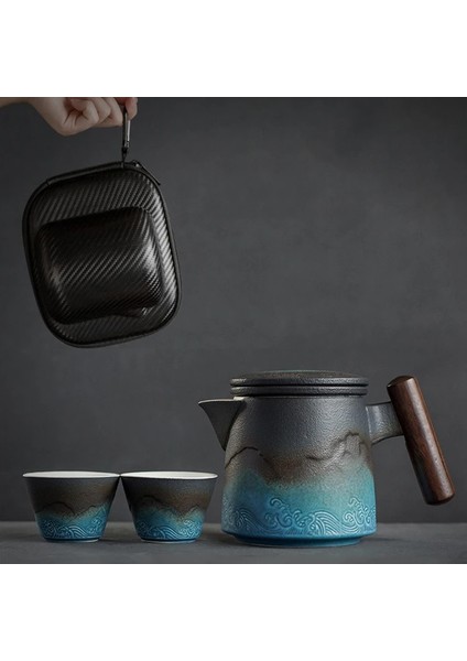 Üç Parçalı Set Seramik Mavi Çay Seti Seyahat Çay Töreni Seti Taşınabilir Çay Fincanı Kamp Kung Fu Çay Yapma Setleri Japon Açık Çaydanlık Hediye Seti (Yurt Dışından) indirimleri