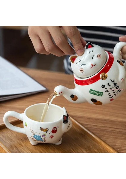 Set-A Sevimli Japon Şanslı Kedi Porselen Çay Seti Yaratıcı Maneki Neko Seramik Çay Bardağı Süzgeçli Su Isıtıcısı Ofis Demlik Su Kupa (Yurt Dışından) fırsatları