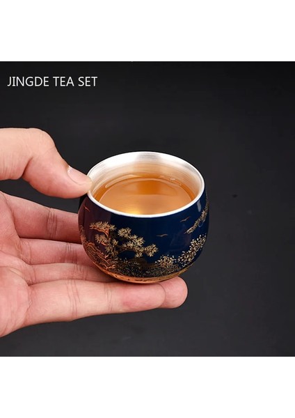 A5 Mavi ve Beyaz Yaldızlı Gümüş Çay Fincanı El Yapımı Seramik Butik Çay Bardağı Taşınabilir Tek Fincan Çay Kase Ev Teaware Aksesuarları (Yurt Dışından) modelleri