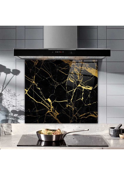 Altın Detaylı Siyah Mermer | Cam Ocak Arkası Koruyucu | 52cm x 60cm fiyatları
