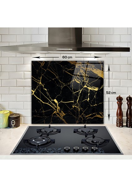 Altın Detaylı Siyah Mermer | Cam Ocak Arkası Koruyucu | 52cm x 60cm modelleri