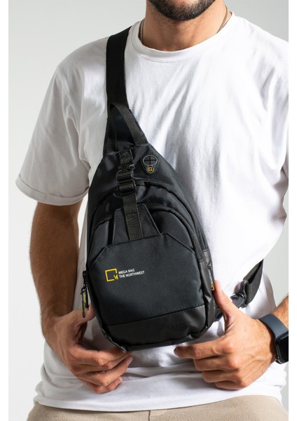 Unisex Keten Kumaş Su Geçirmez Çanta, Çapraz Askılı Omuz ve Göğüs Çantası, Body Bag, Siyah
