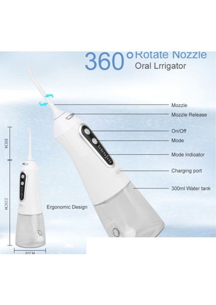 5 Modlu Oral Irrigator USB Tip-C Şarj Edilebilir Taşınabilir Dentajet 300ML Irrigator Diş Diş Temizleyici Beyaz (Yurt Dışından)