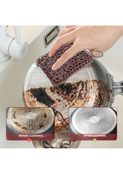 Dökme Demir Tava Temizleyici, 316 Paslanmaz Çelik Zincir Posta Temizleme Scrubber Silikon Scrubber, Mutfak Tencere Için (Kırmızı) (Yurt Dışından)