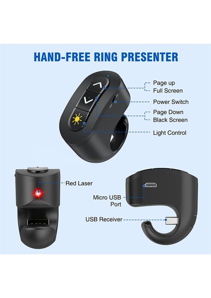 Win 10 8 7 Xp Power Point Için Kırmızı Işıklı USB Sunum Uzaktan Kumandalı 2.4ghz Şarj Edilebilir Kablosuz Sunucu Parmak Yüzük (Yurt Dışından)
