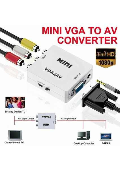 Vga'dan Av'ye Mini Dönüştürücü Ölçekleyici Adaptör Desteği 1080P VGA2AV Dönüştürücü Pc'den Tv'ye Hd Bilgisayardan Tv'ye (Yurt Dışından)