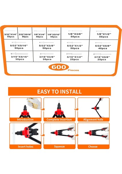 600 Adet Pop Perçin Çeşitleri Kiti, 14 Boyutlu Alüminyum Perçinler 3/32 Inç 1/8 Inç 5/32 Inç 3/16 Inç, Çeşitli Perçinler (Yurt Dışından)