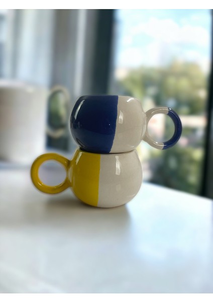 Dekoratif El Işlemesi, Sarı-Lacivert Fenerbahçe Dekorlu 2 Kişilik Kupa-Mug, Çay Ve Kahve Fincanı
