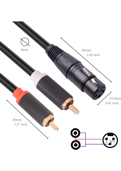 Pin Xlr Dişi - Çift Rca Erkek Y Splitter Kablosu, Mikser Amplifikatör Ses Kablosu, Stereo Ses Ara Bağlantı Kablosu, 2 Metre (Yurt Dışından)