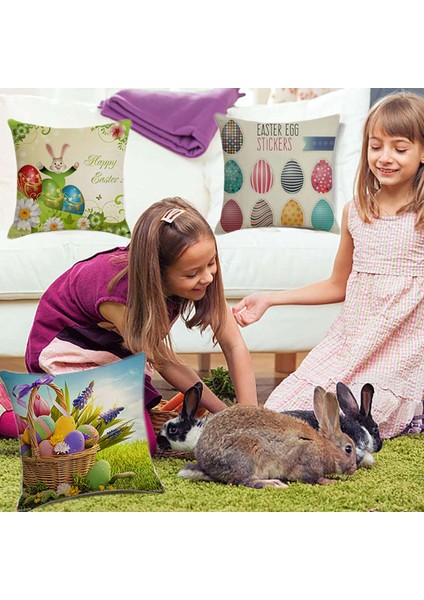 45X45CM Mutlu Paskalya Yumurtası Bunny Yastık Kılıfı Keten Minder Örtüsü (Yurt Dışından)