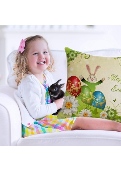 45X45CM Mutlu Paskalya Yumurtası Bunny Yastık Kılıfı Keten Minder Örtüsü (Yurt Dışından)