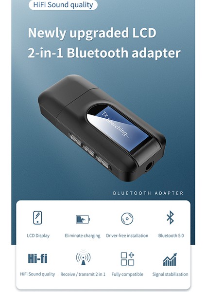 Bluetooth 5.0 Verici ve Alıcı, 2'si 1 Arada Kablosuz Adaptör, LCD Ekranlı 3,5 mm Aux USB Stereo, Pc Tv Araç Kulaklıkları Için (Yurt Dışından)