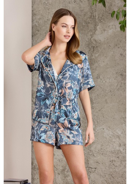 Saten Emprime Crop'lu 3'lü Pijama Takımı - 1210