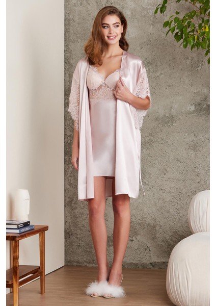 Saten Dantelli Gecelik ve Sabahlık Takımı - 4490 fiyatları