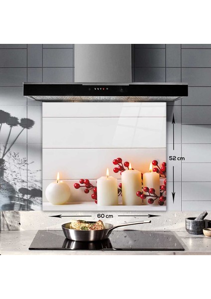 Cam Ocak Arkası Koruyucu | Beyaz Mum Desen | 52cm x 60cm modelleri