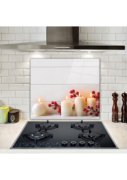 Cam Ocak Arkası Koruyucu | Beyaz Mum Desen | 52cm x 60cm fırsatları