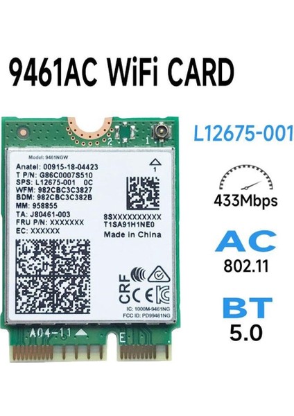 Intel 9461NGW Wifi Kartı + Bölme Kiti Ac 9461 2.4g/5g Çift Bant 802.11AC M2 Anahtar E Cnvı Bluetooth 5.0 Kablosuz Adaptör (Yurt Dışından)