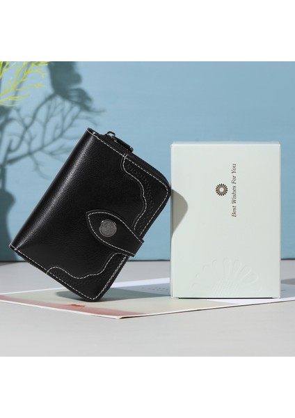 Hakiki Deri Kadın Kısa Cüzdan Bifold Kadın Fermuar Retro Yağ Mumlu Inek Deri Cüzdan (Yurt Dışından)