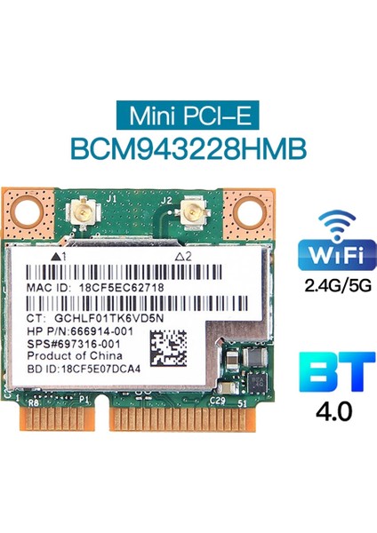 BCM943228HMB Wifi Kartı Ağ Kartı Çift Bant 300 Mbps Bluetooth4.0 802.11A/B/G/N Mini Pcı-E Dizüstü Bilgisayar Wlan Adaptörü (Yurt Dışından)