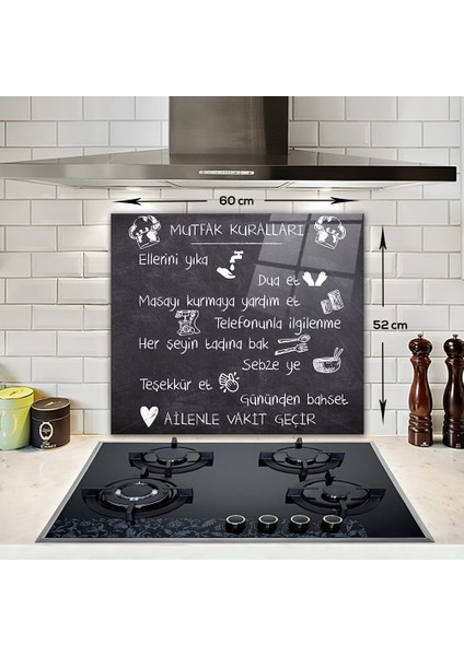 Mutfak Kuralları - Kara Tahta Görünümlü | Cam Ocak Arkası Koruyucu | 52cm x 60cm modelleri