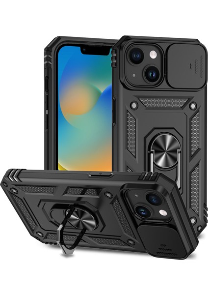 iPhone 15 Plus Slayt Kamera Koruyucu Kabuğu, Telefon Kılıfı Metal Yüzük Kickstand Pc + Tpu Kapağı (Yurt Dışından)