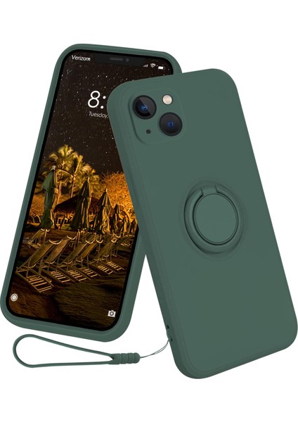iPhone 15 Plus Sıvı Silikon Arka Kapak Halkası Kickstand Telefon Kılıfı Bilek Ipi (Yurt Dışından)