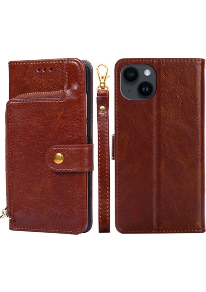 iPhone 15 Plus Cüzdan Deri Telefon Kılıfı, Kayışlı Stand Zipper Cep Cep Telefonu Kapağı (Yurt Dışından)