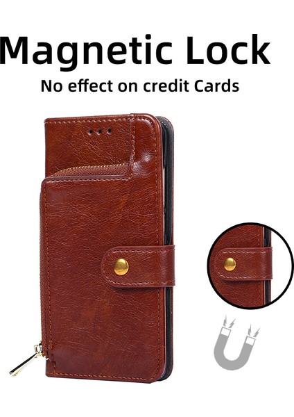 iPhone 15 Plus Cüzdan Deri Telefon Kılıfı, Kayışlı Stand Zipper Cep Cep Telefonu Kapağı (Yurt Dışından)