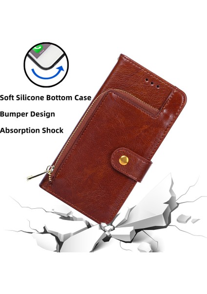 iPhone 15 Plus Cüzdan Deri Telefon Kılıfı, Kayışlı Stand Zipper Cep Cep Telefonu Kapağı (Yurt Dışından)