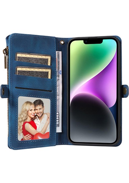 iPhone 15 Plus Anti-Cratch Telefon Kapağı Fermuarlı Cep Cüzdanı Rfıd Engelleme Standı Deri Çantası Kayış (Yurt Dışından)