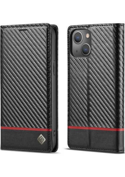 iPhone 15 Plus Folio Flip Deri Stand Kapağı Karbon Fiber Doku Cüzdan Telefon Kılıfı (Yurt Dışından)