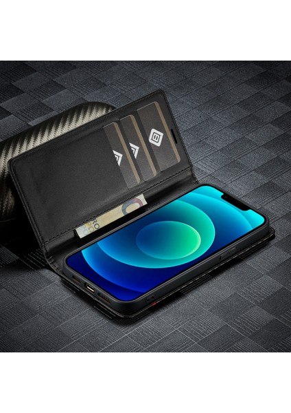 iPhone 15 Plus Folio Flip Deri Stand Kapağı Karbon Fiber Doku Cüzdan Telefon Kılıfı (Yurt Dışından)