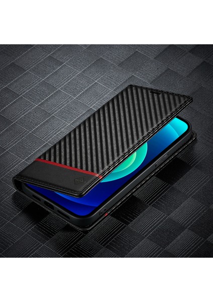 iPhone 15 Plus Folio Flip Deri Stand Kapağı Karbon Fiber Doku Cüzdan Telefon Kılıfı (Yurt Dışından)