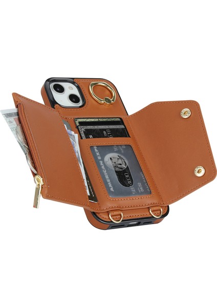 iPhone 15 Plus Pu Deri Kaplamalı Tpu Kapak Fermuarı Cüzdan Yüzüğü Kickstand Telefon Kılıfı 2 Kayış (Yurt Dışından)