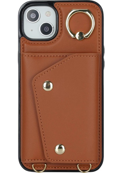 iPhone 15 Plus Pu Deri Kaplamalı Tpu Kapak Fermuarı Cüzdan Yüzüğü Kickstand Telefon Kılıfı 2 Kayış (Yurt Dışından)