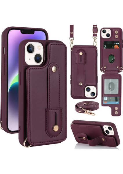 iPhone 15 Kart Tutucu Kabuğu, Kickstand Case Pu Deri Kaplamalı Tpu Telefon Kapağı Kayışlı (Yurt Dışından)