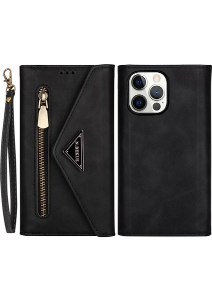 iPhone 15 Pro Cüzdan Deri Kılıfı Zipper Cep Stand Telefon Kapağı Kayış (Yurt Dışından)