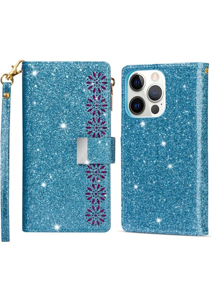 iPhone 15 Pro Fermuar Cüzdanı Telefon Kılıfı Pu Deri Deri Glittery Lazer Oyma Stand Kapağı (Yurt Dışından)