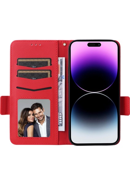 iPhone 15 Pro Cüzdan Telefon Kılıfı, Litchi Texture Pu Deri Kabuk Telefon Stand Kapağı Strap ile (Yurt Dışından)