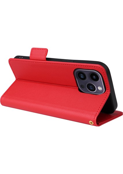 iPhone 15 Pro Cüzdan Telefon Kılıfı, Litchi Texture Pu Deri Kabuk Telefon Stand Kapağı Strap ile (Yurt Dışından)