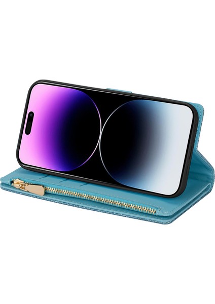 iPhone 15 Pro Fermuar Cüzdanı Telefon Kılıfı Pu Deri Deri Glittery Lazer Oyma Stand Kapağı (Yurt Dışından)