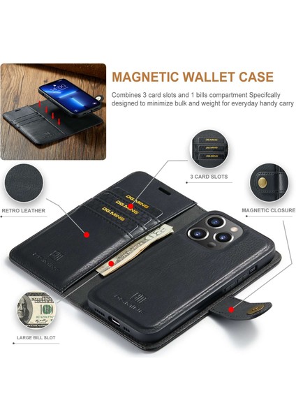 iPhone 15 Pro Telefon Kılıfı Şok Geçirmez Deri Deri Çıkarılabilir Manyetik Telefon Kabuğu Cüzdan Stand Kapağı (Yurt Dışından) indirimleri