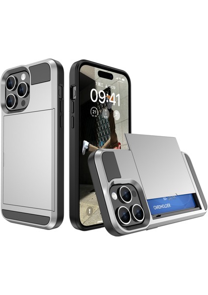 iPhone 15 Pro Sliding Card Tutucu Kapak Anti Drop Pc+Tpu Telefon Kılıfı (Yurt Dışından)